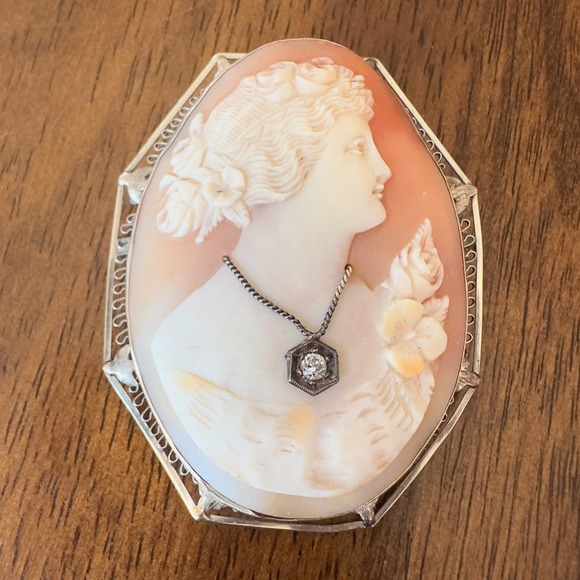 Antique Hand Carved Shell Cameo Habillé Brooch/Pendant 14k/10k Filigree Diamond - Picture 3 of 13